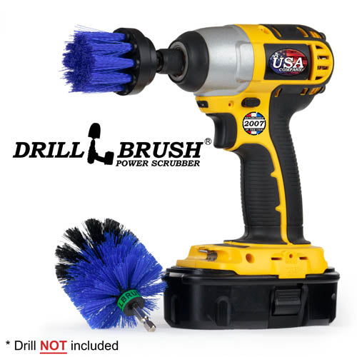 Drillbrush MS-2L Medium Blue Marine & Pool Brush Kit with a 2 inch Long brush in a cordless drill.
