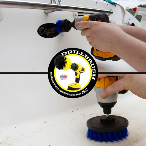 Action shots of a Medium Blue 2 inch Short Drillbrush cleaning the stern of a boat and a Medium Blue 4 inch Drillbrush cleaning the hull.