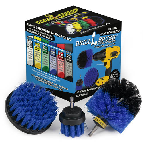 The Drillbrush 42O Medium Blue Marine & Pool Brush Kit in front of the box it comes in.