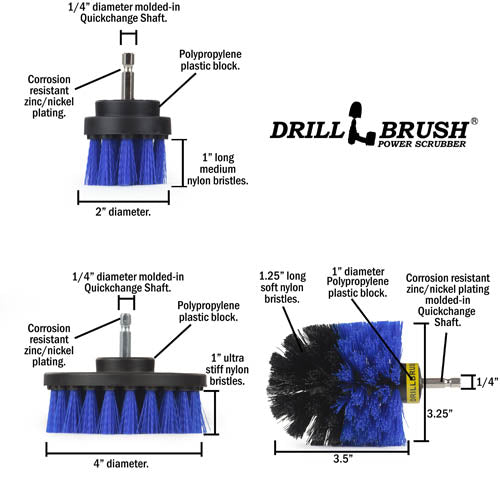 Specs for the Drillbrush 42O Medium Blue Marine & Pool Brush Kit.