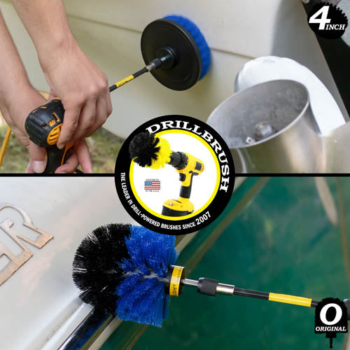 Action shots of a Medium Blue Original Drillbrush cleaning a trim on a boat and a Medium Blue 4 inch Drillbrush in a 5 inch extension cleaning the hull of a boat.