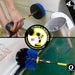 Action shots of a Medium Blue Original Drillbrush cleaning a trim on a boat and a Medium Blue 4 inch Drillbrush in a 5 inch extension cleaning the hull of a boat.