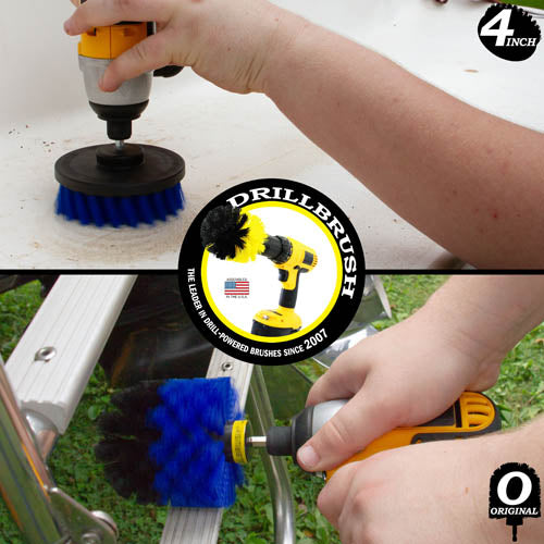 Action shots of a Medium Blue Original brush cleaning a boat ladder and a Medium Blue 4 inch Drillbrush cleaning the stern of a boat.