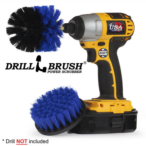 Drillbrush 4O Medium Blue Marine & Pool Brush Kit with an Original brush in a cordless drill.