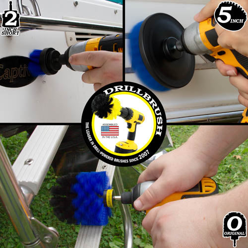 Action shots of a Medium Blue Original brush cleaning a boat ladder, a Medium Blue 2 inch Short Drillbrush cleaning the stern of a boat, and Medium Blue 5 inch Drillbrush cleaning the hull.