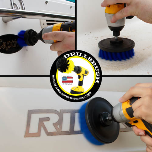 Action shots of a Medium Blue 2 inch Short Drillbrush cleaning the stern of a boat, and Medium Blue 4 inch and 5 inch Drillbrush cleaning the hull.
