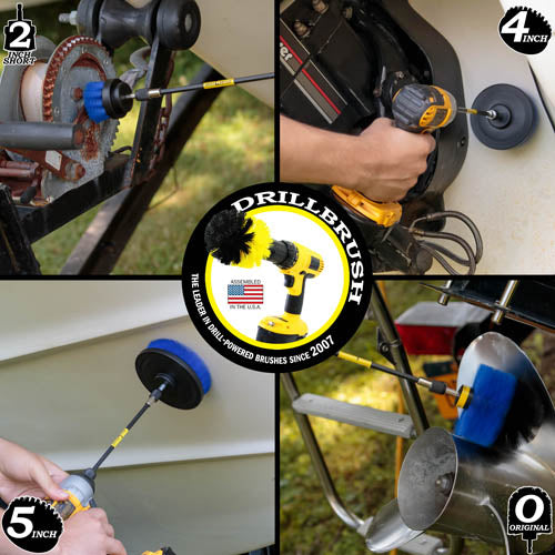 Action shots of a Medium Blue Original brush in a 7 inch extension cleaning a propeller, a Medium Blue 2 inch Short Drillbrush in a 7 inch extension cleaning a gear, and Medium Blue 4 inch in a 7 inch extension cleaning a hull, and a Medium Blue 5 inch Drillbrush in a 7 inch extension cleaning behind a motor.