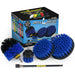 The Drillbrush 542O-7X Medium Blue Marine & Pool Brush Kit in front of the box it comes in.
