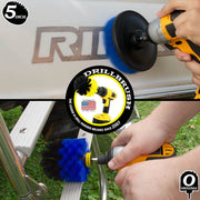 Action shots of a Medium Blue Original brush cleaning a boat ladder and a Medium Blue 5 inch Drillbrush cleaning the hull.