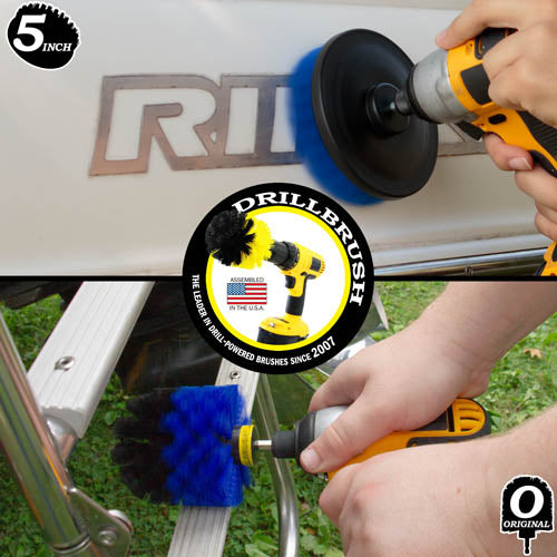 Action shots of a Medium Blue Original brush cleaning a boat ladder and a Medium Blue 5 inch Drillbrush cleaning the hull.