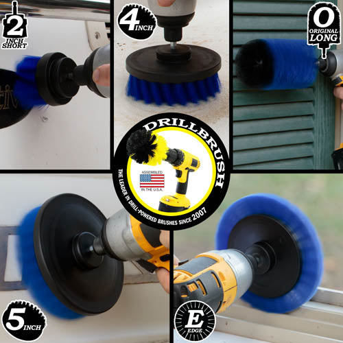 Action shots of a Medium Blue Original Jumbo brush cleaning shutters, a Medium Blue Edge brush cleaning a window sill,  a Medium Blue 2 inch Short Drillbrush cleaning the stern of a boat, and Medium Blue 4 inch and 5 inch Drillbrush cleaning the hull.