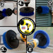 Action shots of a Medium Blue Original Jumbo brush cleaning shutters, a Medium Blue Edge brush cleaning a window sill,  a Medium Blue 2 inch Short Drillbrush cleaning the stern of a boat, and Medium Blue 4 inch and 5 inch Drillbrush cleaning the hull.