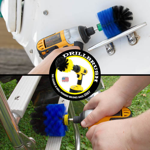 Action shots of a Medium Blue Original brush cleaning a boat ladder and a Medium Blue Mini Drillbrush cleaning a handle.