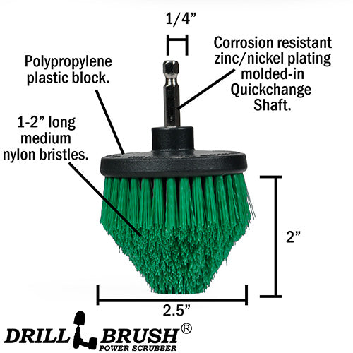 Technical specs and dimensions for the Medium Green Cone-shaped Corner Drillbrush.