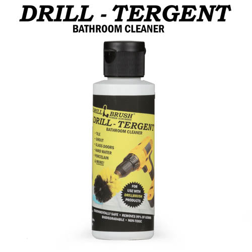 A bottle of Drill Tergent bathroom cleaner solution by Drillbrush..