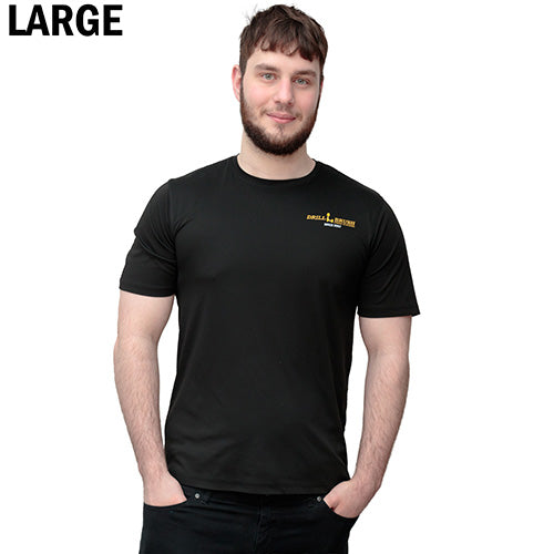 Model wearing the Drillbrush black polyester t-shirt, shown from the front.