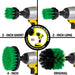Images of the Drillbrush 2 inch Short, 2 inch Long, 4 inch, and Original Medium Green Kitchen Brushes in cordless drills.