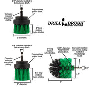 Specs for the Drillbrush 2 inch Short, 2 inch Long, and Mini Medium Green Kitchen Brushes.