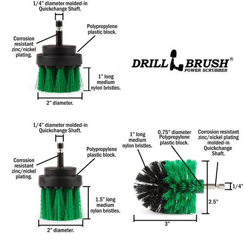 Specs for the Drillbrush 2 inch Short, 2 inch Long, and Mini Medium Green Kitchen Brushes.