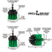 Specs for the Drillbrush 2 inch Short, 2 inch Long, and Mini Medium Green Kitchen Brushes.