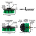 Specs for the Drillbrush 4 inch, 5 inch, and Original Medium Green Kitchen Brushes.