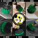 Action shots of a Medium Green Original brush cleaning around a sink, a Medium Green 2 inch Short, 2 inch Long, and Mini Drillbrush cleaning around a sink, a Medium Green 5 inch Drillbrush cleaning a stovetop, and a Medium Green 4 inch Drillbrush cleaning the side of a sink.