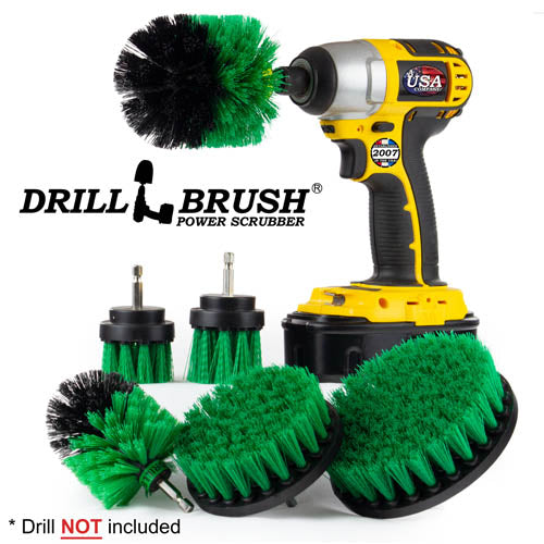 Drillbrush 542OMS-2L Medium Green Kitchen Brush Kit with an Original brush in a cordless drill.