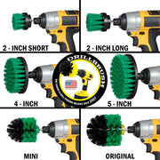 Images of the Drillbrush 2 inch Short, 2 inch Long, 4 inch, 5 inch, Mini, and Original Medium Green Kitchen Brushes in cordless drills.