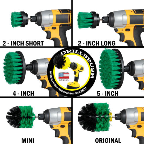 Images of the Drillbrush 2 inch Short, 2 inch Long, 4 inch, 5 inch, Mini, and Original Medium Green Kitchen Brushes in cordless drills.