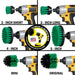Images of the Drillbrush 2 inch Short, 2 inch Long, 4 inch, 5 inch, Mini, and Original Medium Green Kitchen Brushes in cordless drills.