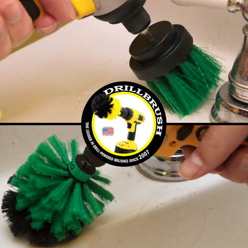 Action shots of a Medium Green 2 inch Long brush and Mini brush cleaning around a sink.