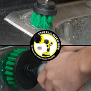 Action shots of a Medium Green 2 inch Short Drillbrush cleaning around a sink and a Medium Green 4 inch Drillbrush cleaning a stovetop.