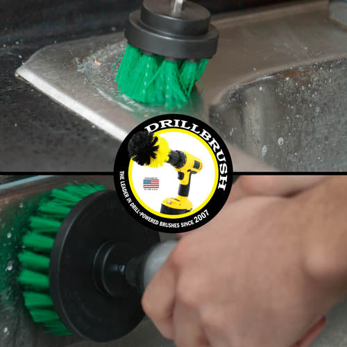 Action shots of a Medium Green 2 inch Short Drillbrush cleaning around a sink and a Medium Green 4 inch Drillbrush cleaning a stovetop.