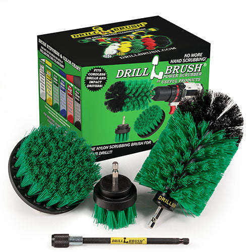4in Flat Brush, 2in Short Brush, and Jumbo Original all in Medium Green Plus 5" Extension - Kitchen Drill Brushes with Long Reach Extender  | G-S-42J-5X-QC-DB