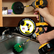 Action shots of a Medium Green Original Drillbrush in a 5 inch extension cleaning the wall of a sink and a Medium Green 4 inch Drillbrush in a 5 inch extension cleaning the back of a kitchen cabinet.