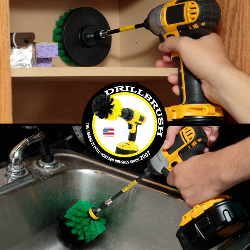 Action shots of a Medium Green Original Drillbrush in a 5 inch extension cleaning the wall of a sink and a Medium Green 4 inch Drillbrush in a 5 inch extension cleaning the back of a kitchen cabinet.