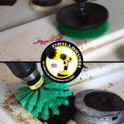 Action shots of a Medium Green Original brush cleaning around a burner and a Medium Green 4 inch Drillbrush cleaning wine stains on a stovetop.