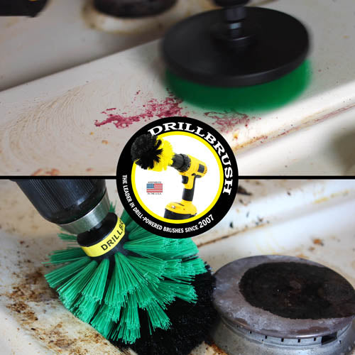 Action shots of a Medium Green Original brush cleaning around a burner and a Medium Green 4 inch Drillbrush cleaning wine stains on a stovetop.
