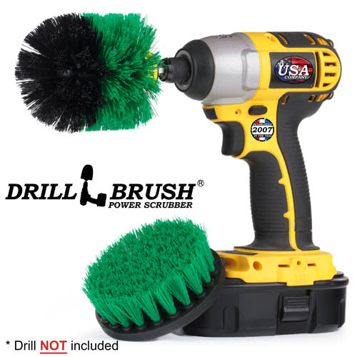 Drillbrush 4O Medium Green Kitchen Brush Kit with an Original brush in a cordless drill.