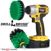 Drillbrush 4O Medium Green Kitchen Brush Kit with a 4 inch brush in a cordless drill.