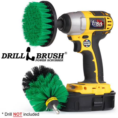 Drillbrush 4O Medium Green Kitchen Brush Kit with a 4 inch brush in a cordless drill.