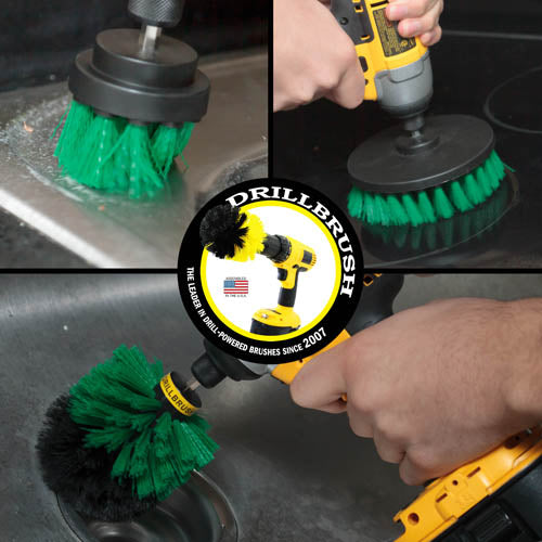 Action shots of a Medium Green Original brush cleaning around a sink, a Medium Green 2 inch Short Drillbrush cleaning the drain in a sink, and a Medium Green 5 inch Drillbrush cleaning a stovetop.