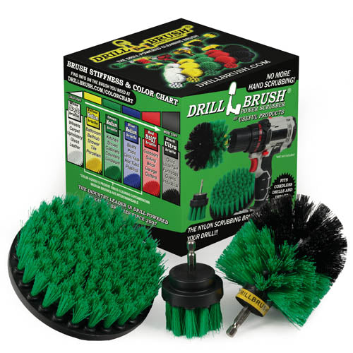 The Drillbrush 52O Medium Green Kitchen Brush Kit in front of the box it comes in.