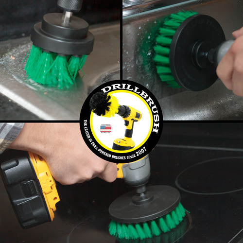 Action shots of a Medium Green 2 inch Short Drillbrush cleaning the drain in a sink, a Medium Green 5 inch Drillbrush cleaning a stovetop, and a Medium Green 4 inch Drillbrush cleaning the side of a sink.