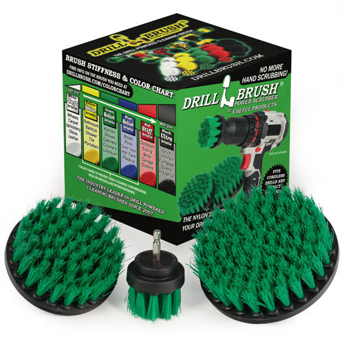 The Drillbrush 542 Medium Green Kitchen Brush Kit in front of the box it comes in.