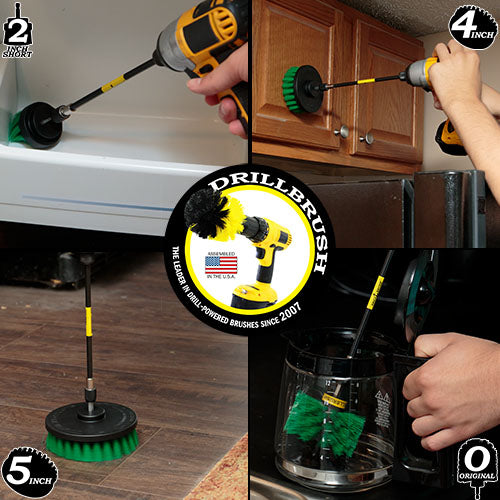 Action shots of a Medium Green Original brush in a 7 inch extension cleaning a coffee pot, a Medium Green 2 inch Short Drillbrush in a 7 inch cleaning a refrigerator shelf, a Medium Green 4 inch Drillbrush in a 7 inch extension cleaning a cabinet, and a Medium Green 5 inch Drillbrush in a 7 inch extension cleaning a kitchen floor.