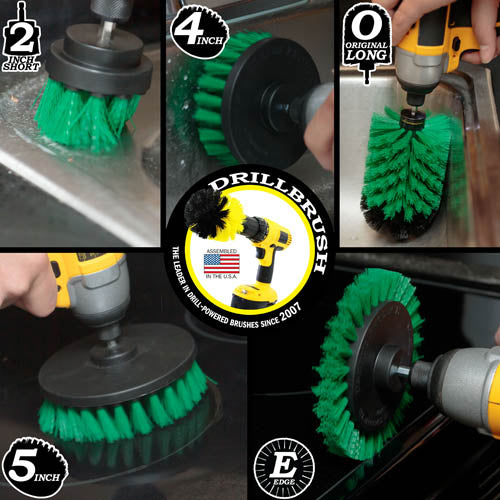 Action shots of a Medium Green Original Jumbo brush cleaning a sink, a Medium Green Edge Drillbrush cleaning a stovetop, a Medium Green 2 inch Short Drillbrush cleaning around a sink, a Medium Green 5 inch Drillbrush cleaning a stovetop, and a Medium Green 4 inch Drillbrush cleaning the side of a sink.