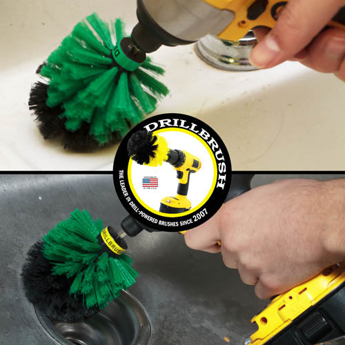 Action shots of a Medium Green Original brush cleaning a sink drain and a Medium Green Mini Drillbrush cleaning around a sink.