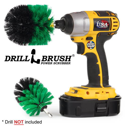 Drillbrush MO Medium Green Kitchen Brush Kit with an Original brush in a cordless drill.