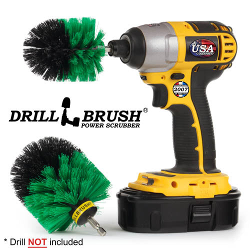 Drillbrush MO Medium Green Kitchen Brush Kit with a Mini brush in a cordless drill.